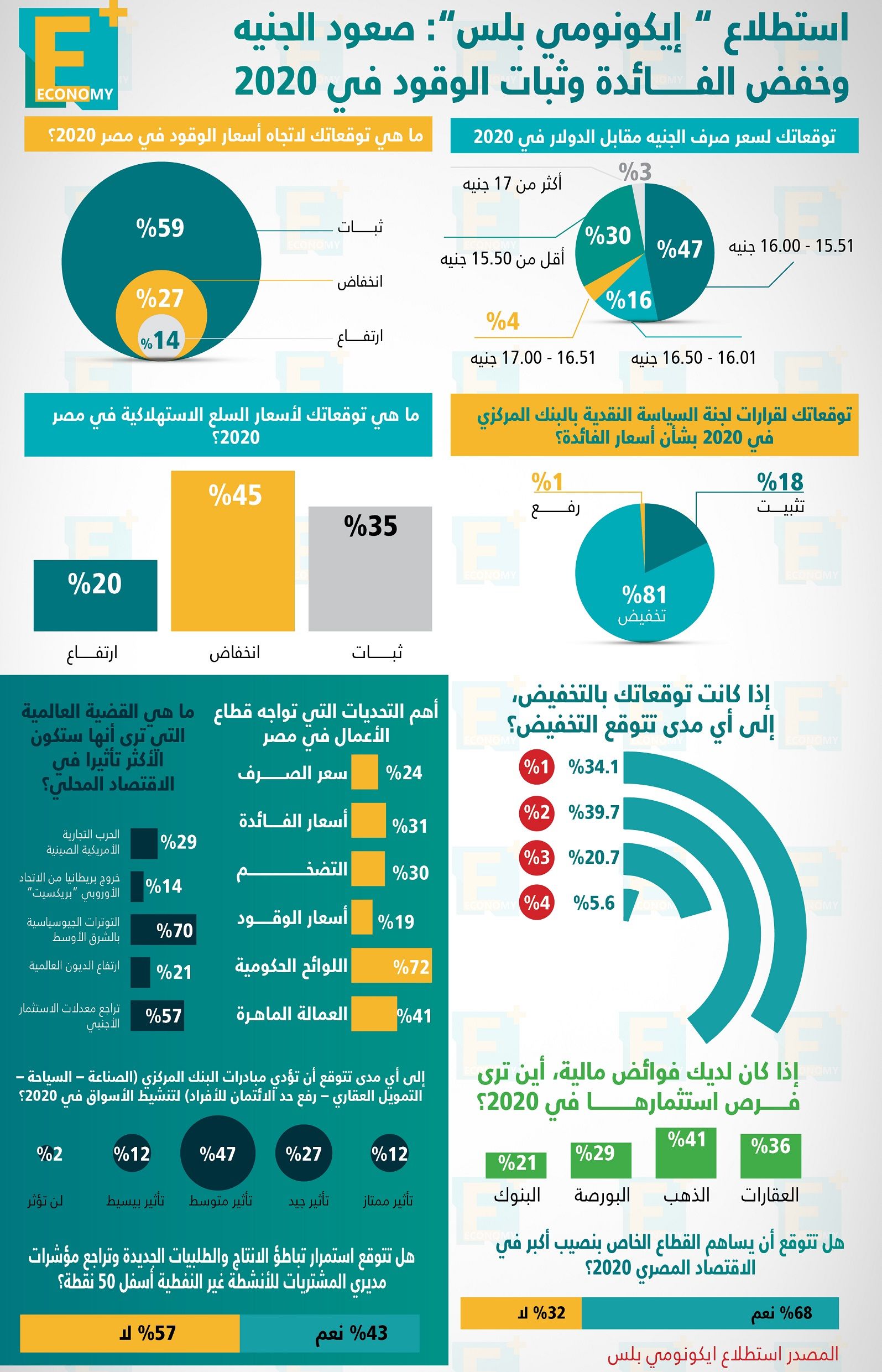 استطلاع "إيكونومي بلس": صعود الجنيه وخفض الفائدة وحصة أكبر للقطاع الخاص أبرز توقعات 2020